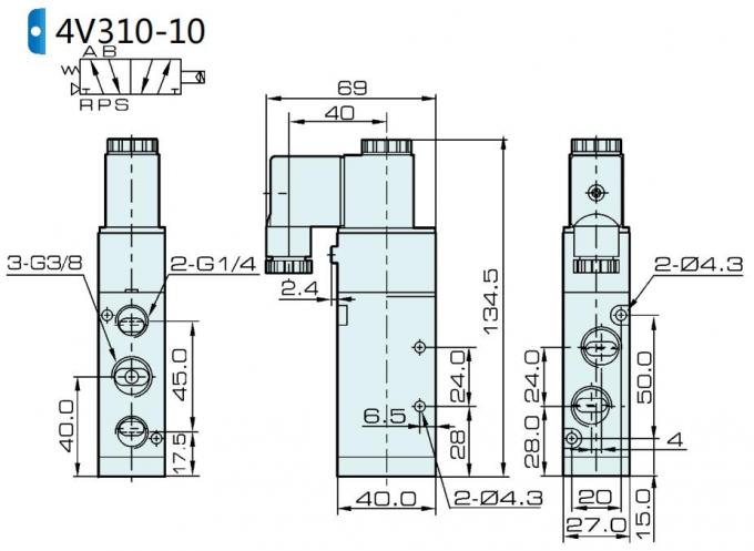 4V310-10 공압 솔레노이드 밸브의 차원 :