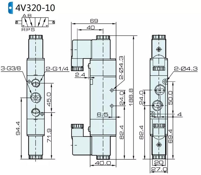 4V320-08 공압 솔레노이드 밸브의 차원 :